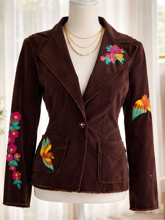 Jackets & Blazers - Johnny Was Embroidered Brown Corduroy Jacket with Floral & Bird Motifs Blazer Sm